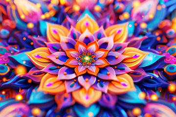 Vibrant Mandala: A mesmerizing display of symmetry and color, this mandala bursts with intricate patterns and radiant hues of orange, blue, and purple.