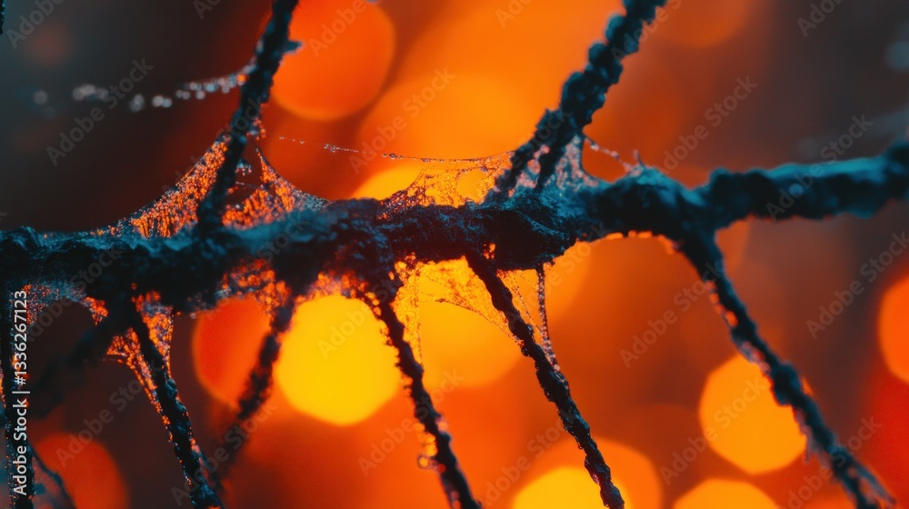 Poster Close up view of a stringy net with illuminated background