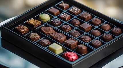 A vibrant assortment of assorted chocolates in a sleek modern box, beautifully displayed on a reflective plate with crisp HD details.