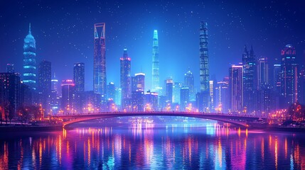 A vibrant city skyline at night, illuminated by colorful lights reflecting on the water.