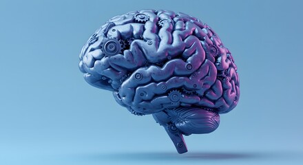Brain model with gears in a blue and purple gradient background