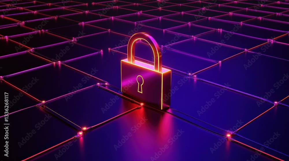 Aufkleber A glowing security lock sits on a data network surface