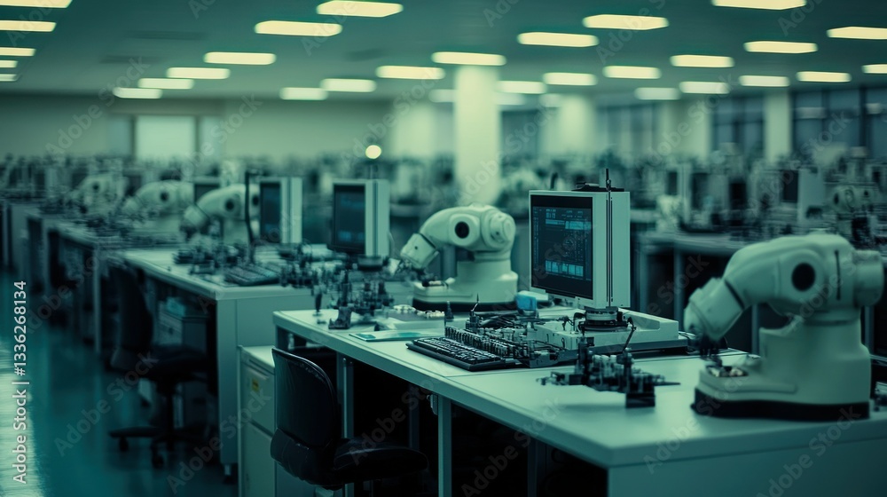 Poster Many robots working diligently in a large futuristic factory setting