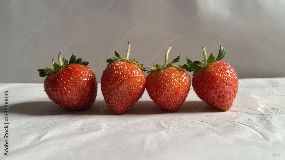 Poster four ripe red strawberries arranged neatly on a white paper surface