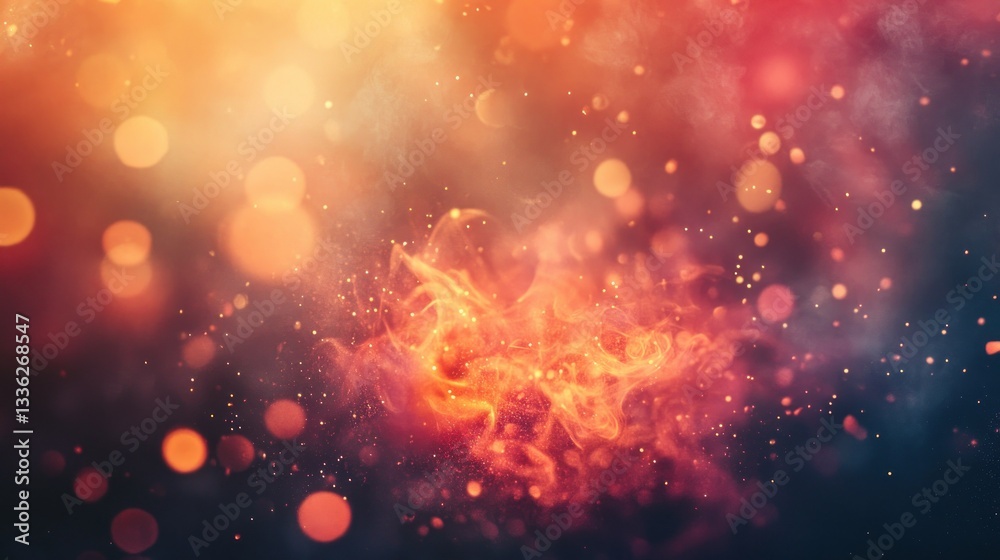 Poster An abstract fiery swirl with glowing bokeh lights and particles