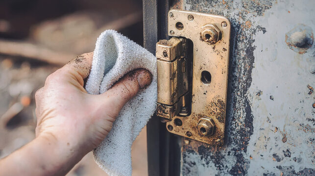person cleaning dusty and rusty door hinge with cloth, showing care and maintenance