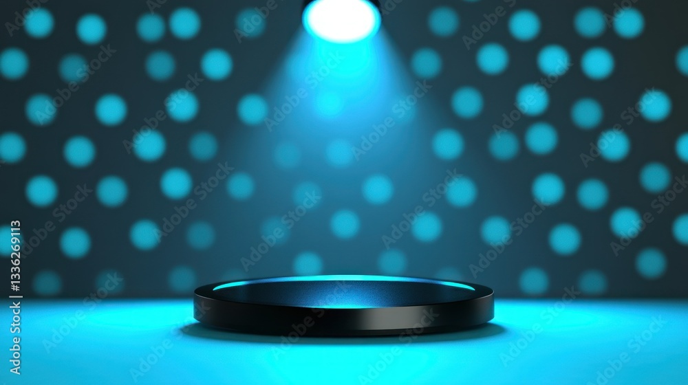 Poster a black circular platform is centered and lit in blue light