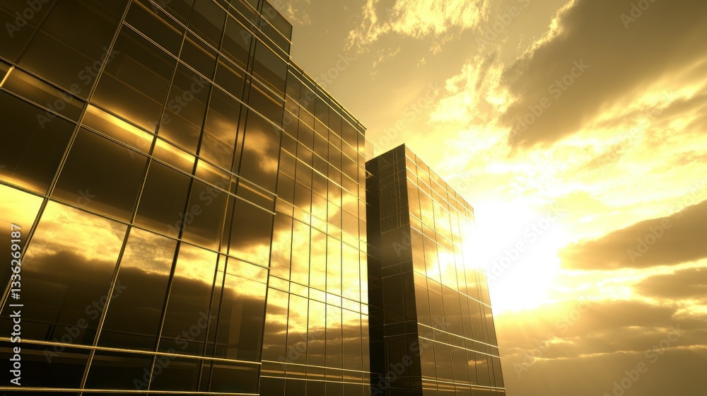 Poster buildings with reflective windows are positioned under a cloudy sky