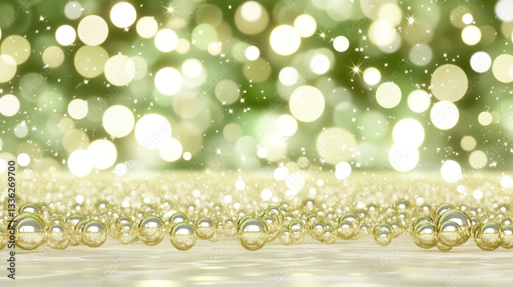 Poster golden sphere ornaments and sparkling lights create a festive background