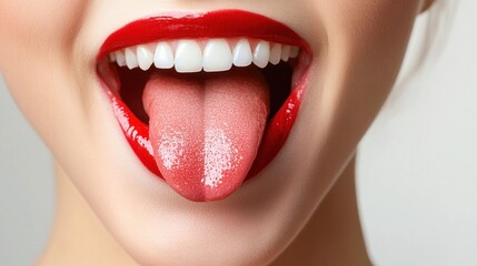 Naklejka premium Close-up of a woman's mouth with a wide smile, bright red lipstick, and tongue out. Healthy, white teeth are visible