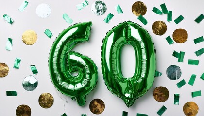 Green balloon number 60 for sixtieth birthday or anniversary party. White background with confetti