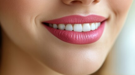 Obraz premium Close-up of a woman's radiant smile, showcasing perfectly aligned, bright white teeth and subtly glossy, pink lipstick