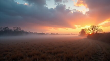 Obraz premium Expansive floodplains in the golden morning light. The tall, wind-swayed grasses and meandering water channels create a romantic autumn atmosphere with soft, warm hues.