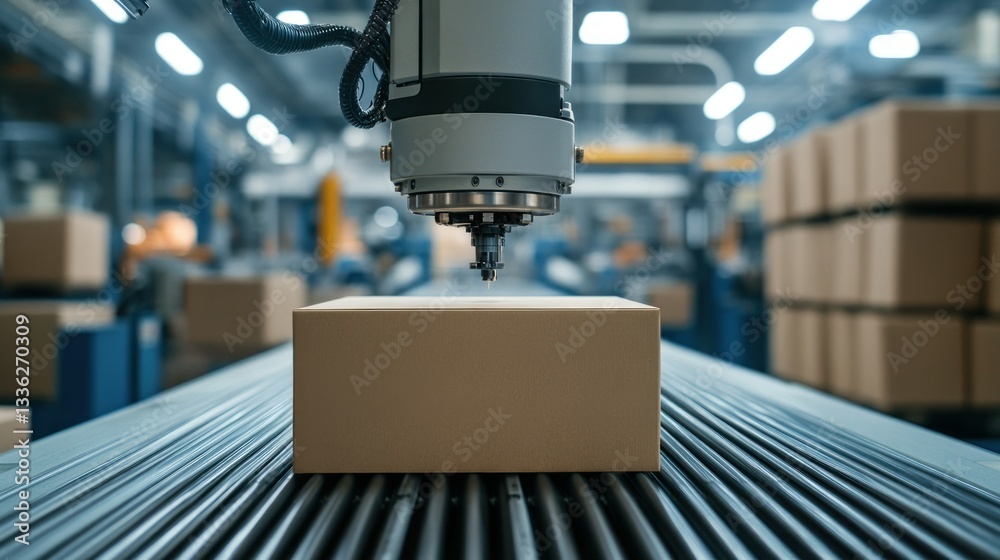 Poster robotic arm carefully processing cardboard boxes in a modern factory