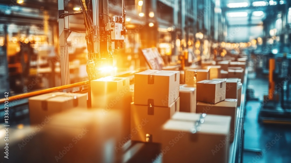 Poster Conveyor belt transporting cardboard boxes through a factory setting