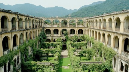 An abandoned courtyard building with arched walkways and greenery