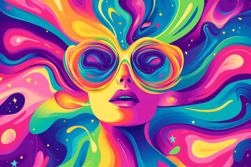 Psychedelic Portrait: A vibrant, stylized portrait of a woman with oversized, round sunglasses, her face and hair rendered in a kaleidoscope of rainbow colors, evoking a sense of psychedelic art.