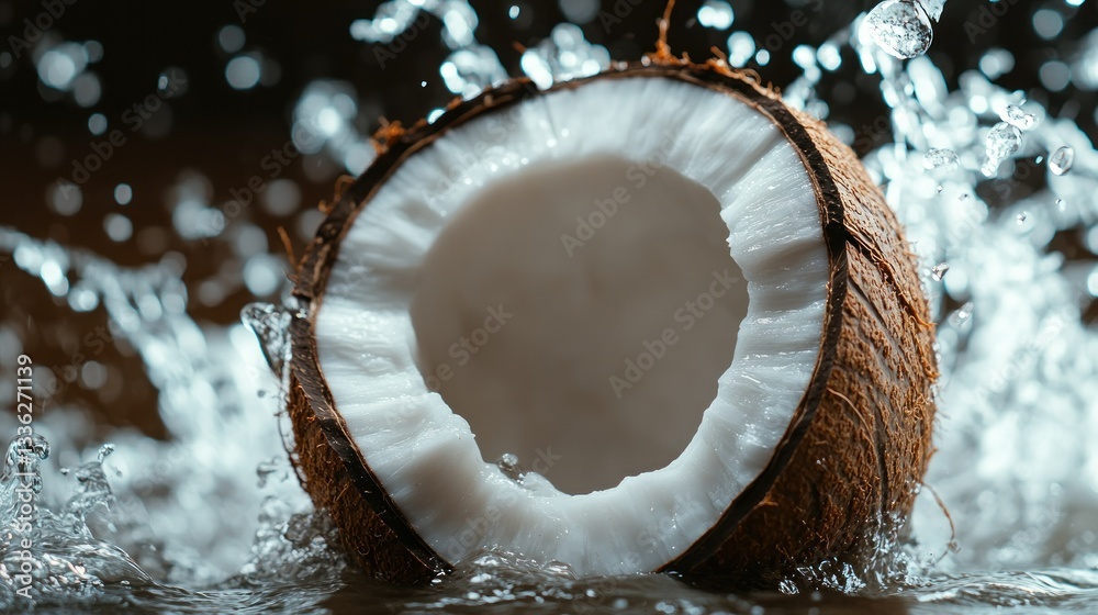 Poster freshly cut coconut submerged and surrounded by refreshing water droplets