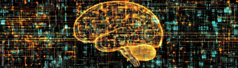 Poster a glowing digital representation of the human brain with circuits