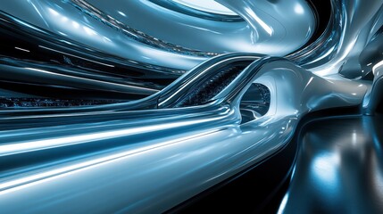 A Futuristic Interior Design Featuring Curved Metallic Surfaces and Light