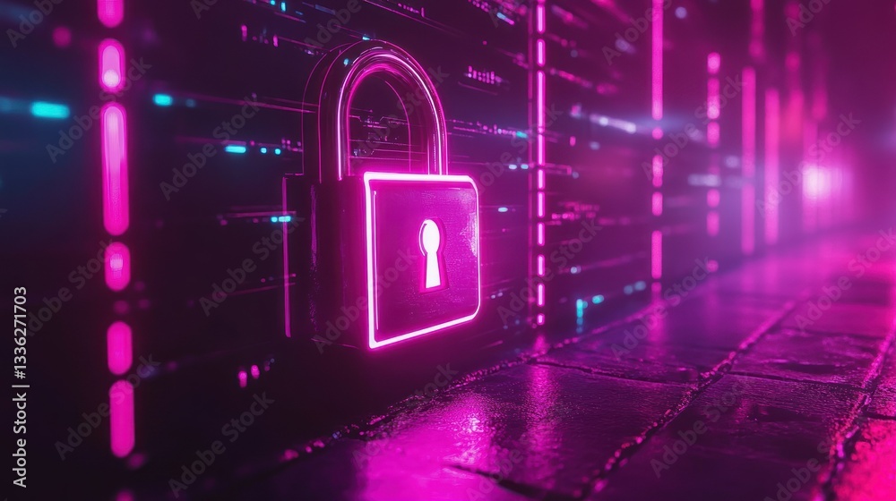 Poster A glowing padlock suggests digital security within a data center