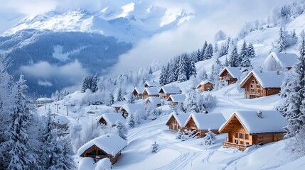 snowy alpine village with charming wooden houses image