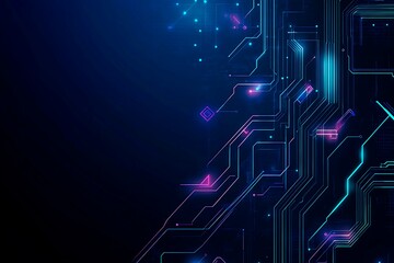 Obraz premium Abstract close-up of a glowing blue digital circuit board, showcasing intricate connections and technological design on a black background. 