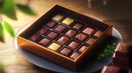 A vibrant box of decadent chocolates, neatly arranged on a sleek porcelain plate with soft lighting and a touch of greenery, rendered in HD.