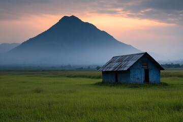Rustic farmhouse stands in golden rice fields Generative AI