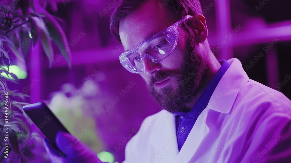 Poster A scientist examining a plant in a laboratory setting with technology