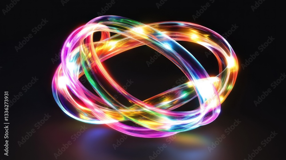 Poster illuminated abstract rings intertwining with vibrant colors on a black background