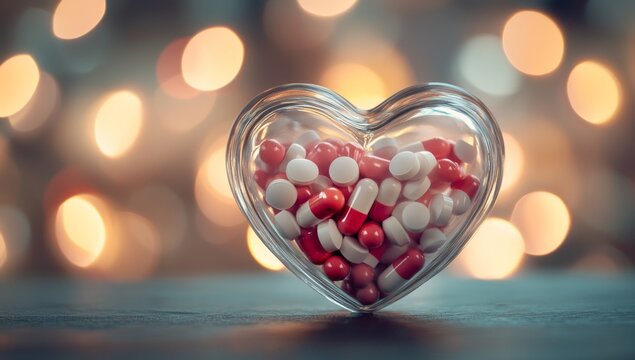 Heart-shaped container filled with assorted pills.  A clear glass heart holds various red and white capsules - Powered by Adobe