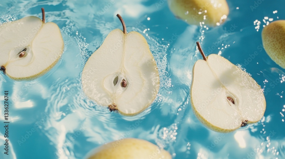 Poster sliced pears floating calmly in clear blue water