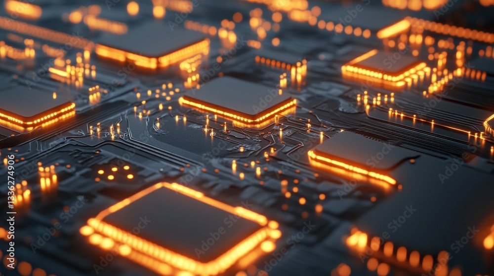 Poster Illuminated microchips and integrated circuits on a computer circuit board
