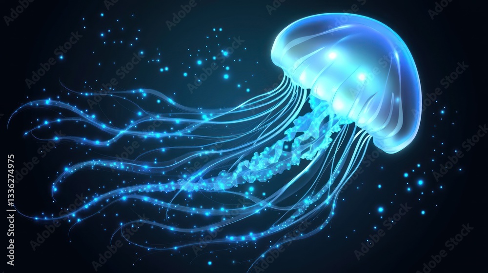 Poster an illuminated translucent jellyfish gracefully floats in dark background waters