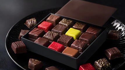 A vibrant display of assorted chocolate squares in a modern box, set on a sleek black plate with a reflective finish, captured in HD detail.