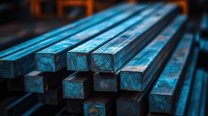 Steel bar bundles with factory lighting against a deep teal background
