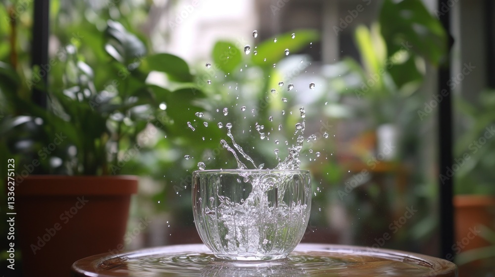 Poster water splashes from a clear glass on a table surrounded by greenery