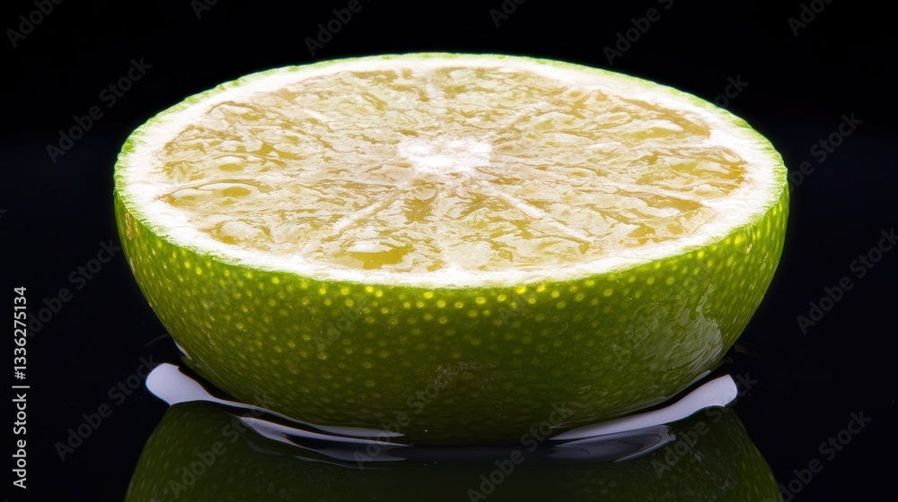 Poster a sliced green citrus fruit resting in liquid on a dark surface