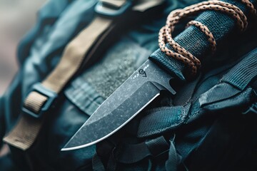 Rugged knife resting on camping gear in nature Generative AI