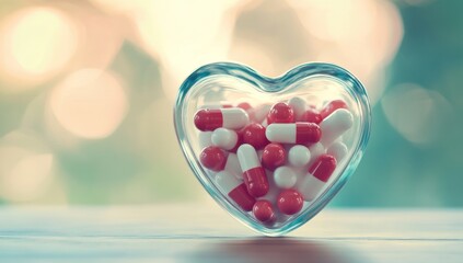 Heart-shaped glass container filled with pills