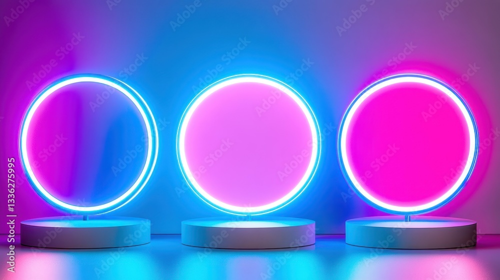Poster three illuminated circles above small platforms with vibrant colors