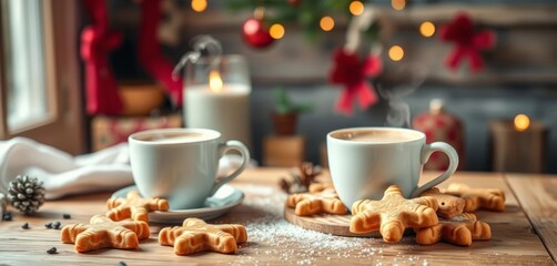 Fototapeta premium Rustic wooden table, soft focus background of steaming hot cocoa and Christmas cookies, gentle natural light, calm, photo