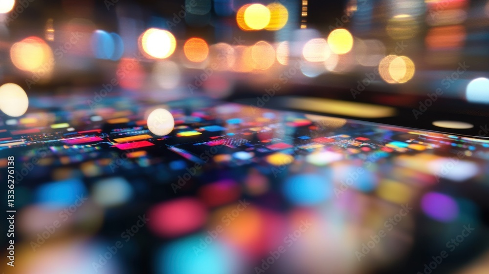 Poster Close view of a luminous tech device with city lights bokeh