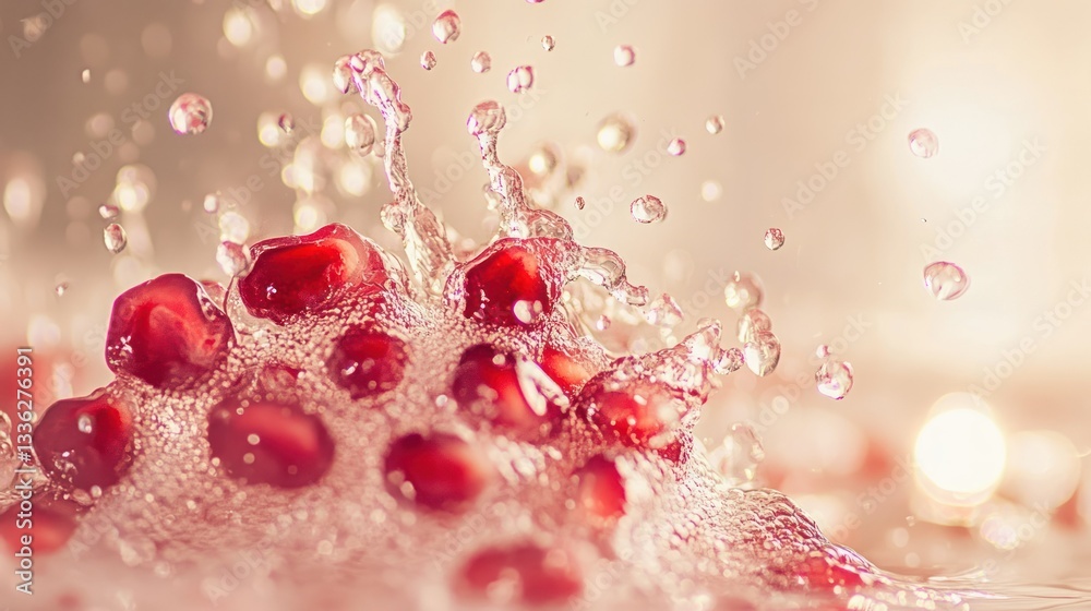 Poster Pomegranate seeds are splashing water creating artistic patterns in motion