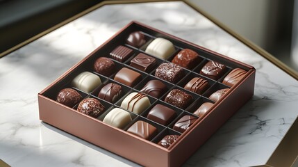 A vibrant presentation of assorted milk chocolates in an elegant box, artfully arranged on a geometric plate with soft shadows in HD clarity.