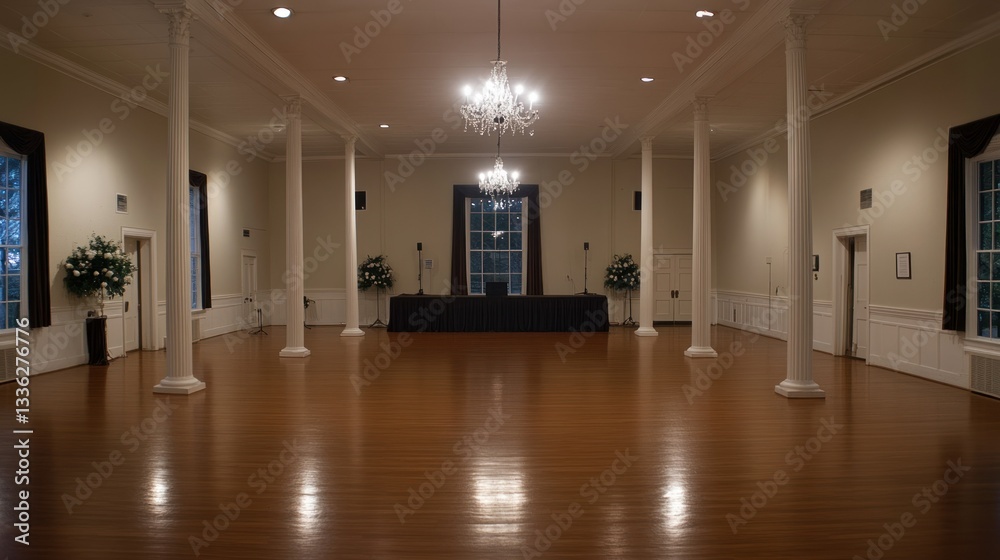 Poster a large empty ballroom with decorative columns and crystal chandeliers