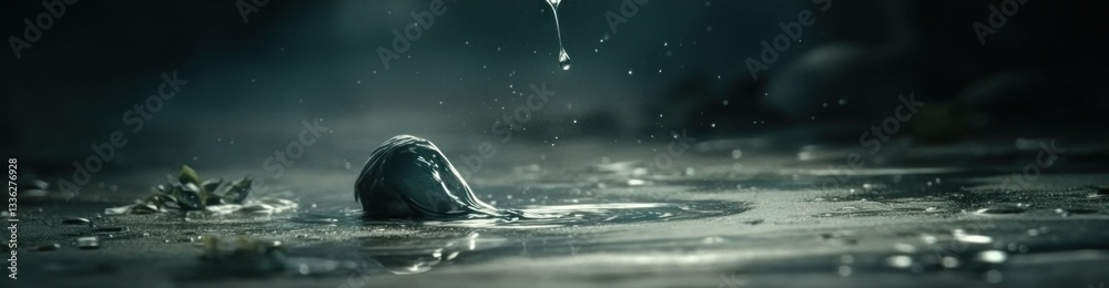 Poster A mysterious object rests within a puddle of water in the rain