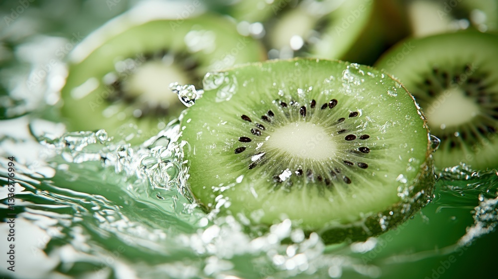 Poster fresh slices of kiwi fruit surrounded by splashing water