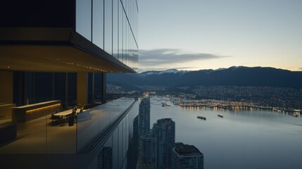 Elevated view showcasing a cityscape and natural mountainous landscapes together